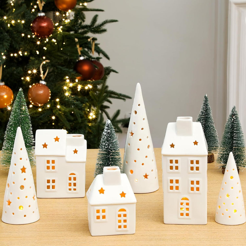 Newtay Ceramic LED Christmas Village Set - 3 LED Houses & 3 Porcelain Trees | White Decor for Tabletop & Mantel