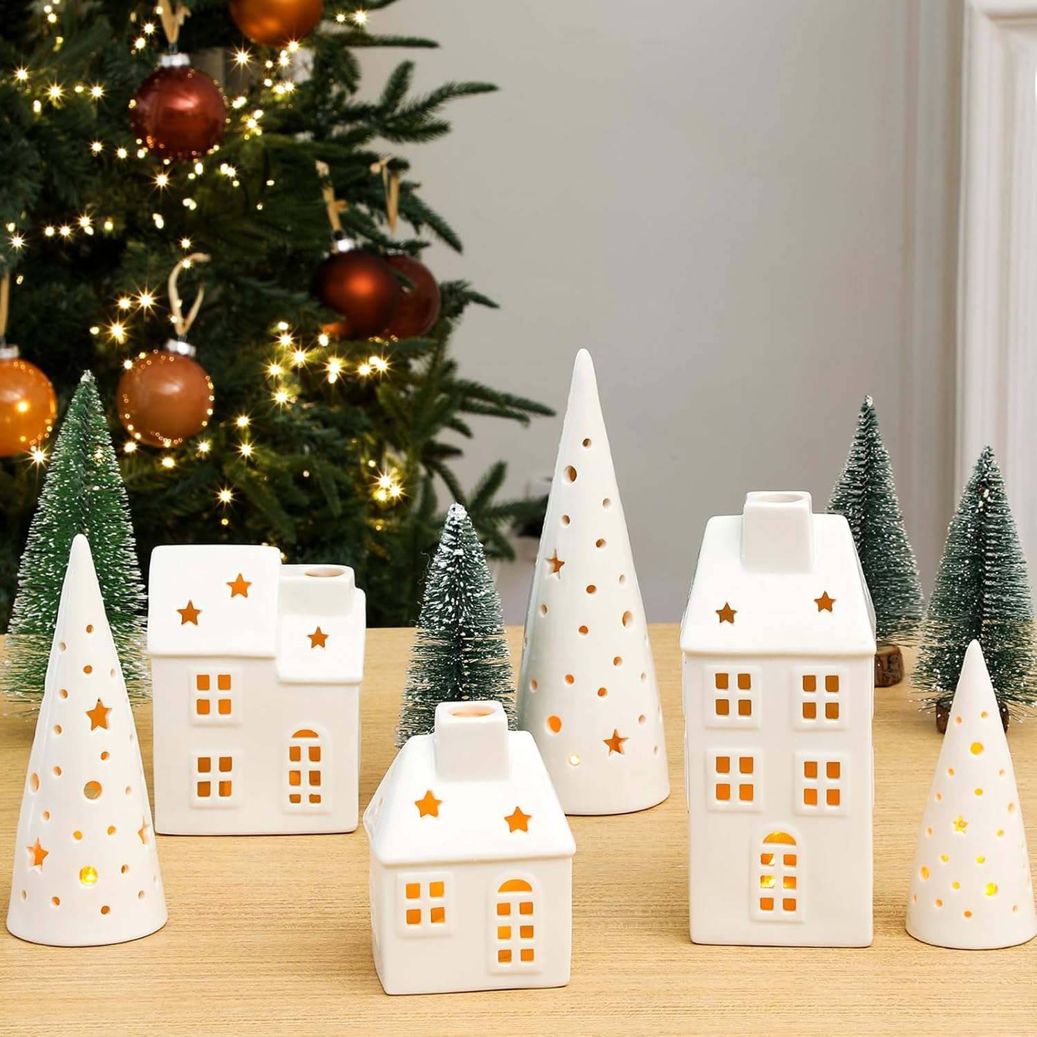Newtay Ceramic LED Christmas Village Set - 3 LED Houses & 3 Porcelain Trees | White Decor for Tabletop & Mantel