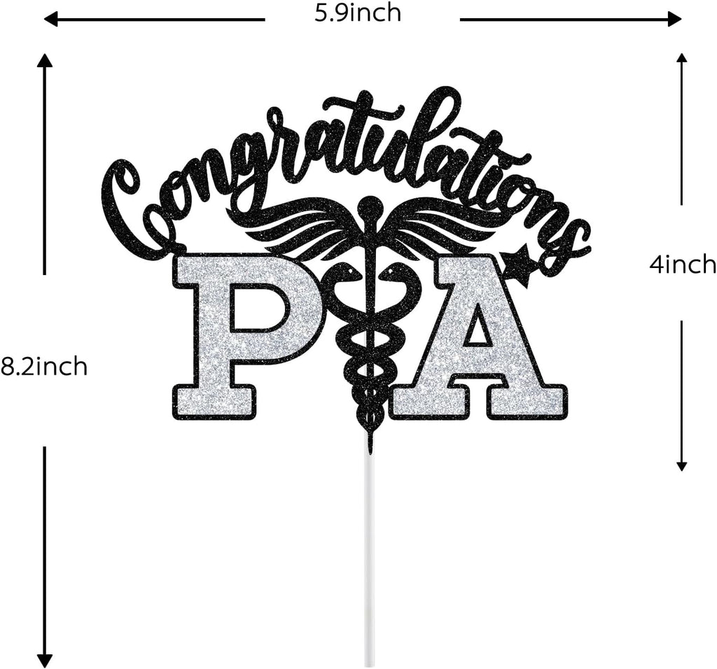 PA Cake Topper - Graduation Decorations 2025 | Congrats Nurse/Doctor - Black & Silver Glitter