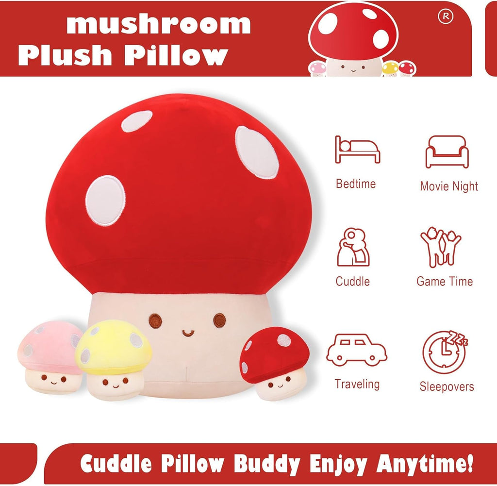 WeBingo Mushroom Plush Pillow Set - 12-Inch Jumbo Stuffed Animal Decor | 4-Piece Gift for Kids & Adults