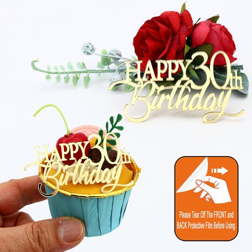 Gold Mirror Acrylic Cupcake Toppers by Happy Birthday | 12-Piece Set for 21st to 70th Celebrations