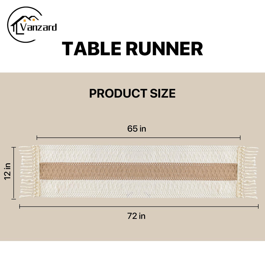 Vanzard Boho Table Runner for Spring Home Decor with Tassels 72 Inches, Farmhouse Rustic Cream & Brown Table Runners for Bohemian Kitchen Summer Dining Table(12x72in, Fringe Included)