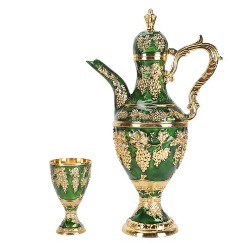Vintage Turkish Tea Set with Metal Teapot, 6 Cups and Serving Tray, Gold Green, Traditional Coffee Serving Kit for Home
