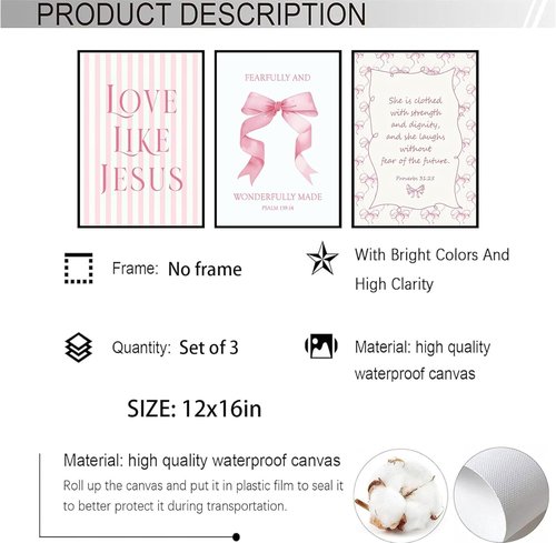 Christian Wall Art by 3Pcs - Inspirational Pink Canvas Prints | Eclectic Aesthetic Decor for Teen Girls 12x16in