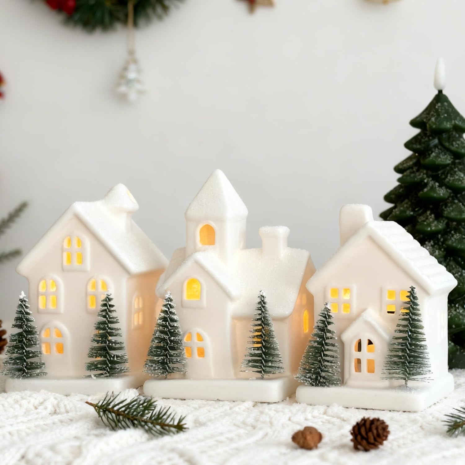 Regine Switzerland Indoor Christmas Village Set - 3 Lighted Ceramic Houses with Trees | Rustic White Holiday Decor