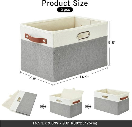 Bagnizer Large Collapsible Storage Bins - Durable Foldable Organizer Baskets | 3 Pack, Gray & White (14.9"x9.8"x9.8")