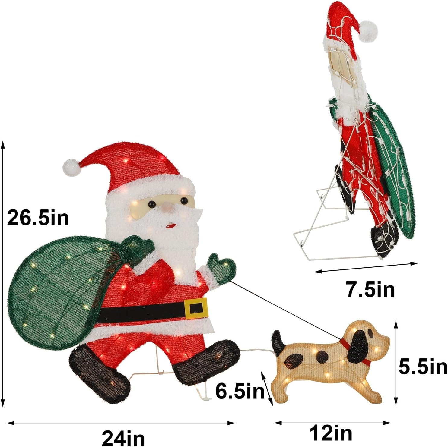 Waterglide Lighted Christmas Santa Claus with Puppy - 26.5 Inch Pre-Lit 2D Tinsel Outdoor Yard Decor