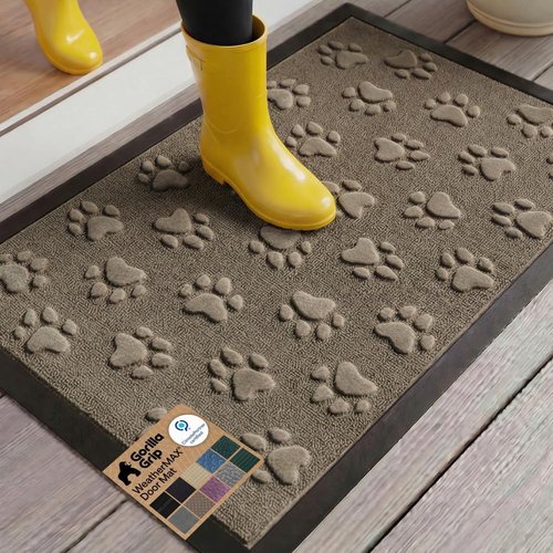 GORILLA GRIP Waterproof All-Season WeatherMAX Doormat - 35x23, Natural Rubber, Stain & Fade Resistant, Easy Clean, Tan Pawprints