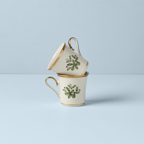 Lenox Coffee Mugs, Hosting The Holidays 2-Piece Holly 14 Oz Mug Set, Ivory Porcelain, Dishwasher and Microwave Safe, Christmas Holly Drinkware Set, Christmas Decorations (White/Green, 14 Oz, 2 Pieces)