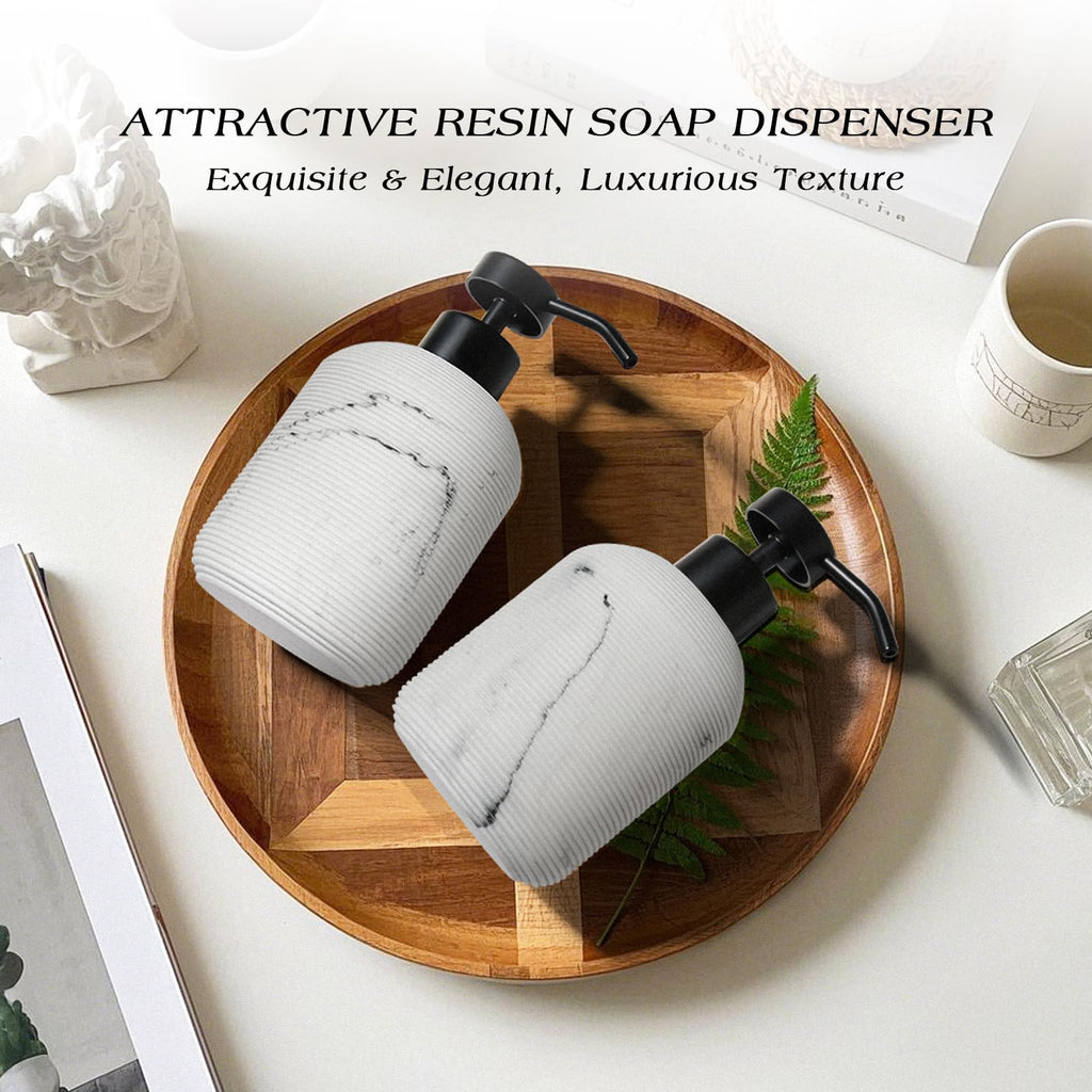 VIMERPA Marble Hand Soap Dispenser for Bathroom, 12 Fl Oz Soap and Lotion Dispenser Set, 2 Pack White Resin Dish Soap Dispensers for Kitchen, Refillable Liquid Bottle Container with Plastic Pump