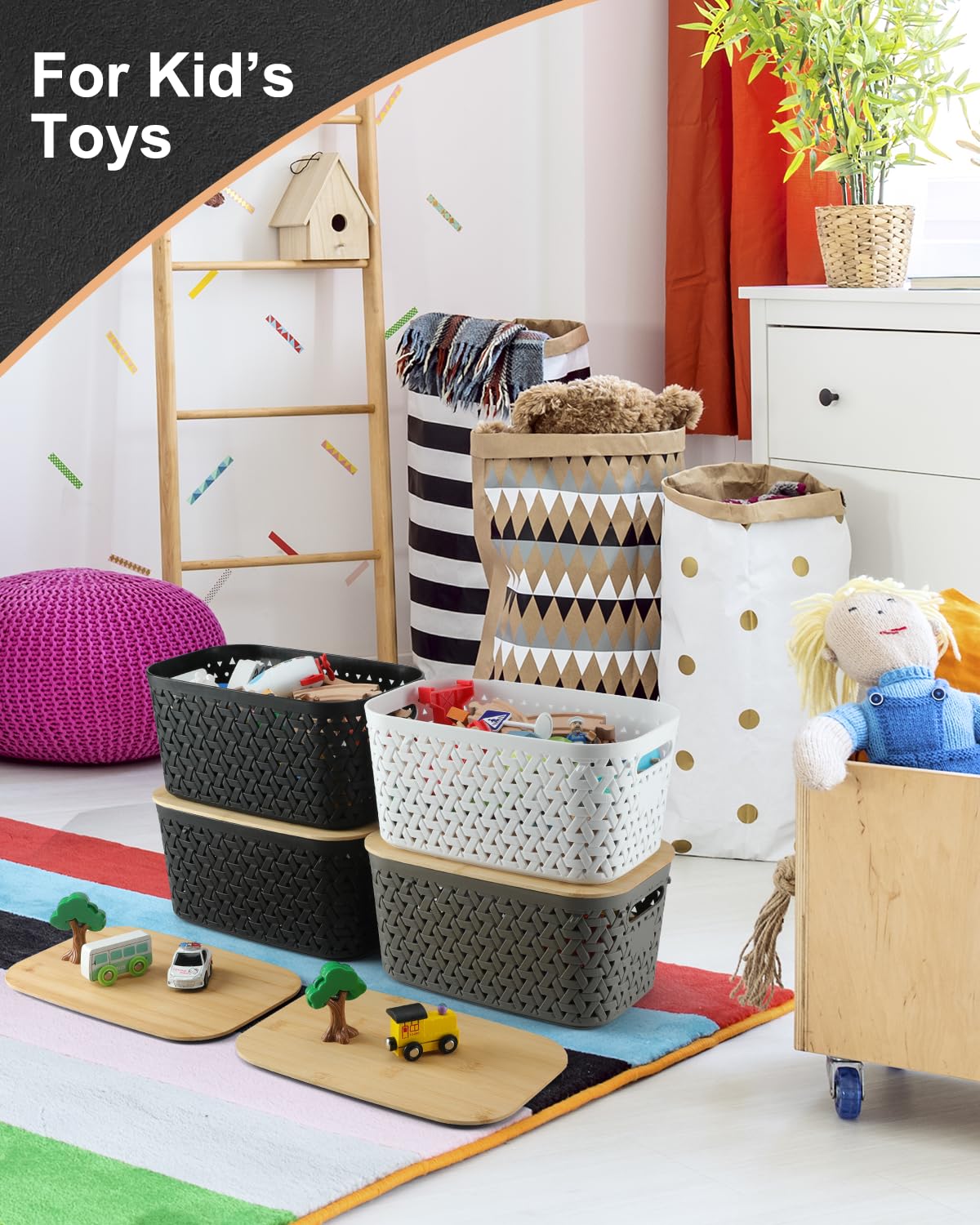 NEATJELAI Plastic Storage Bins with Bamboo Lids 6 Packs,Storage Baskets Pantry Decorative Containers for Organizing Desktop Closet Playroom Classroom Office,Gray,11.6*7.2*5.7'’