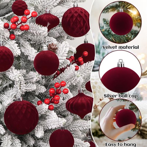 Celltestria Velvet Christmas Balls - 28PCS Shatterproof Burgundy Ornaments for Holiday Decor | Winter Tree Decorations