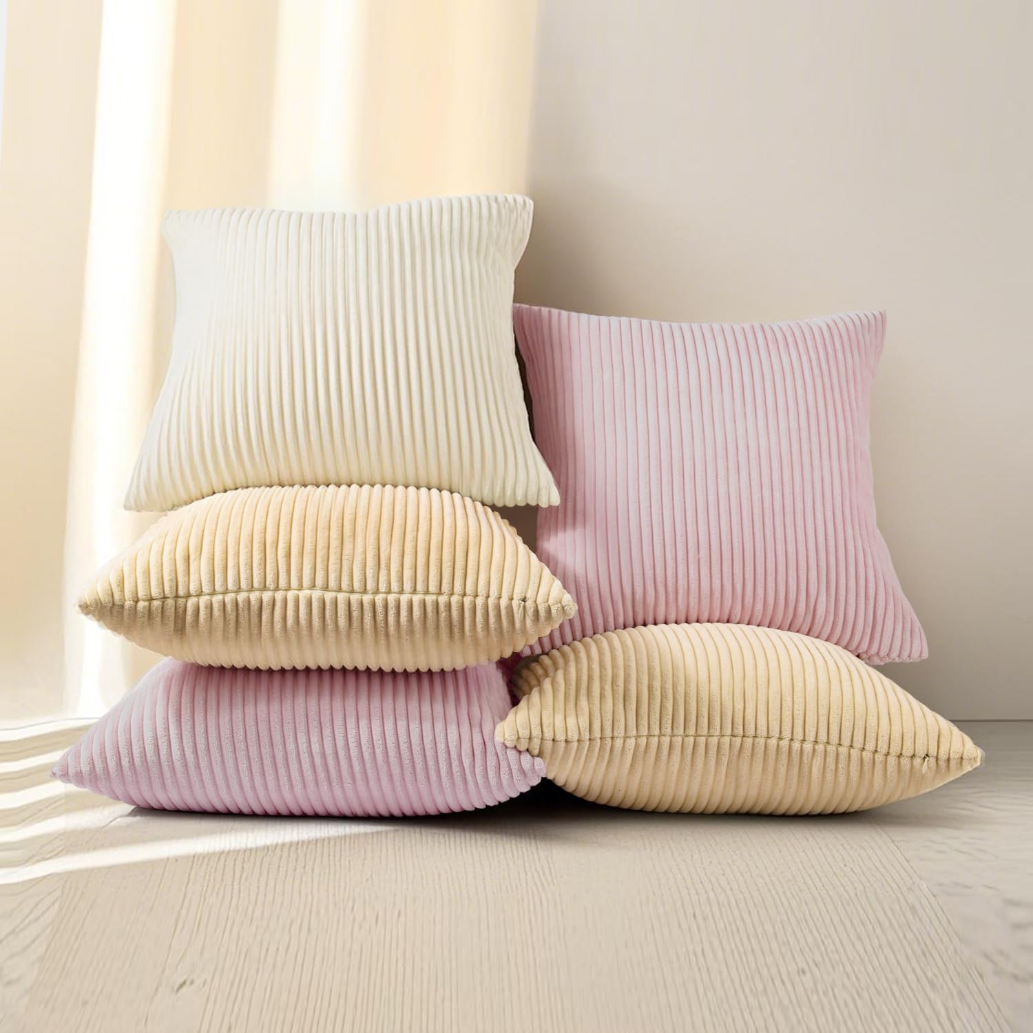 Pack of 2 Sakura Pink Corduroy Decorative Throw Pillow Covers 18x18 Inch Striped Spring Cushion Covers Cozy Boho Pillowcase Farmhouse Home Decor Soft Accent Cushion Case for Couch Sofa Bed 45x45 cm