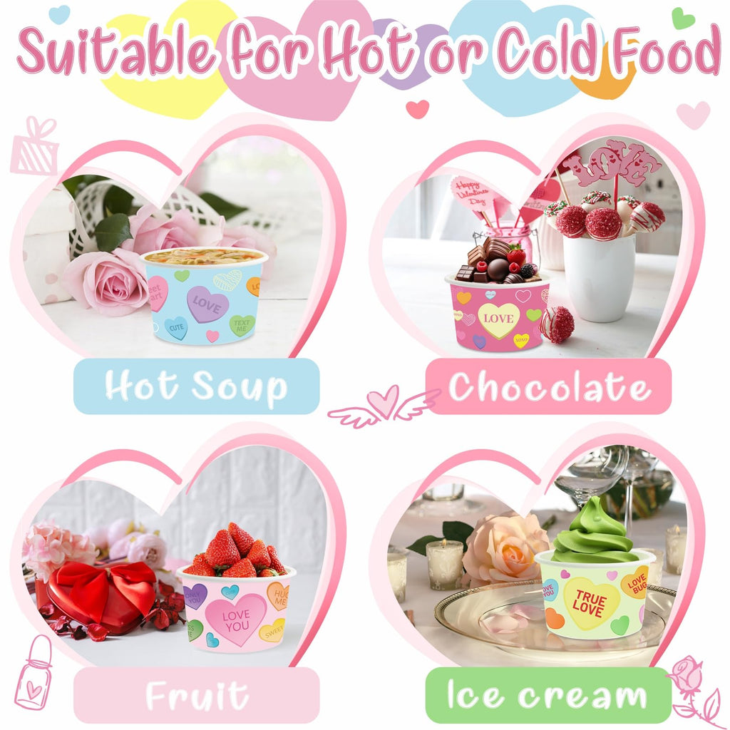 LANCU 60PCS Valentine Paper Ice Cream Cups 8oz Disposable Bowls Conversation Hearts Valentine Treat Snack Cups Pink Bowls for Hot or Cold Food Valentine Party Decor
