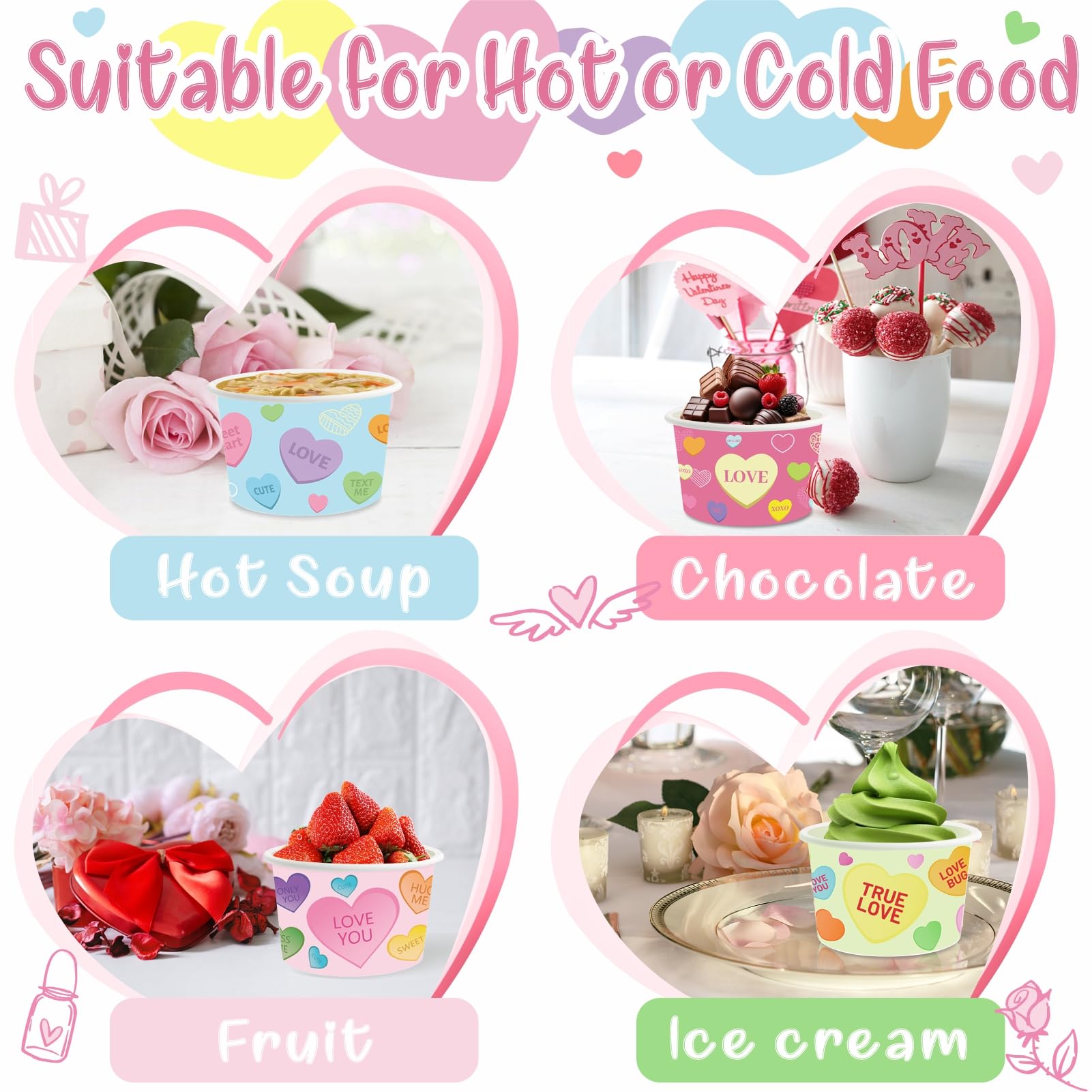 LANCU 60PCS Valentine Paper Ice Cream Cups 8oz Disposable Bowls Conversation Hearts Valentine Treat Snack Cups Pink Bowls for Hot or Cold Food Valentine Party Decor