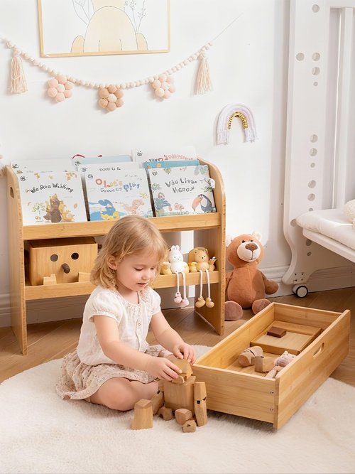 Lavenix Bamboo Kids Bookshelf 3-Tier with Drawer, Scalloped Front Facing Montessori Book Shelf and Toy Storage for Toddler Kids Rooms, Baby Nursery, Classroom