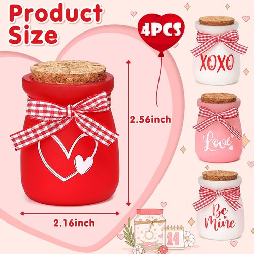 4 Pcs Valentines Day Tiered Tray Decor, Mini Mason Jars for Valentines Table Decor, Valentines Gift for Women, Small Valentines Day Decorations for Home, Office, Tiered Tray, Desk, Shelves