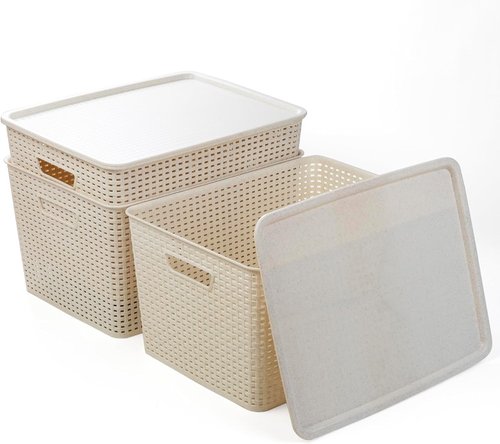 BINO Plastic Storage Baskets with Lids - 33 Liter | 3 Pack Natural | Woven Organizing Bins for Shelves