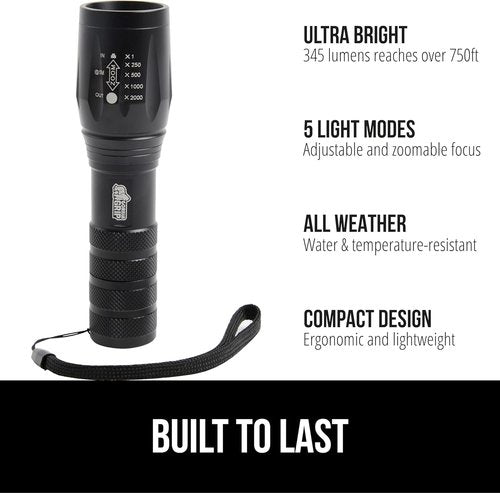 GORILLA GRIP LED Tactical Flashlight - 750 FT High Lumens, 5 Adjustable Modes, Water Resistant | 2 Pack Black