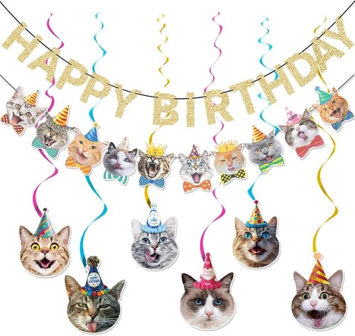 KINGZONE Cat Happy Birthday Banner - Cat Birthday Decorations Party Decor Supplies for Kids, Boys, Girls