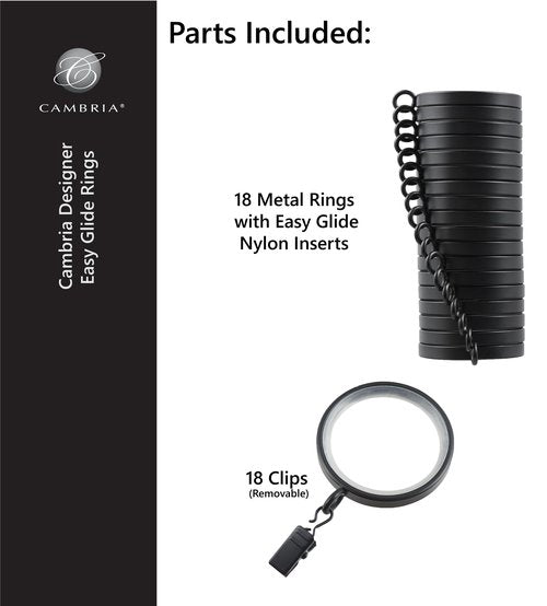 MODE Cambria Designer Series - Premium Easy Glide 18 Count Curtain Rings - Metal with Smooth, Quiet Nylon Inserts with Clips - 2 inch Diameter (1-5/8 inch Inside Diameter) - Oil Rubbed Bronze