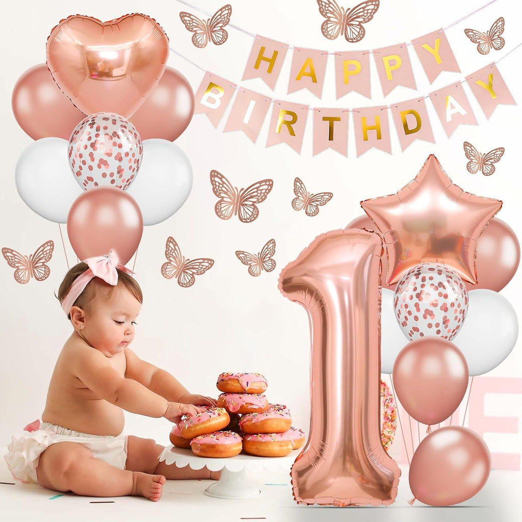 Rose Gold 1st Birthday Decoration Set | 1st Birthday Balloon with Butterfly Stickers & Foil Balloons