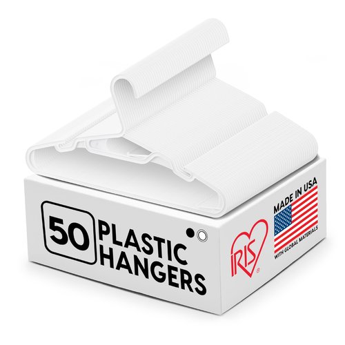 IRIS USA Lightweight Flexible Hangers 50 Pack, Made in USA, Plastic Clothes Hangers with Shoulder Grooves & Accessory Hooks, Dorm Apartment Essentials, Adult Hangers for Light Shirts Clothing, White