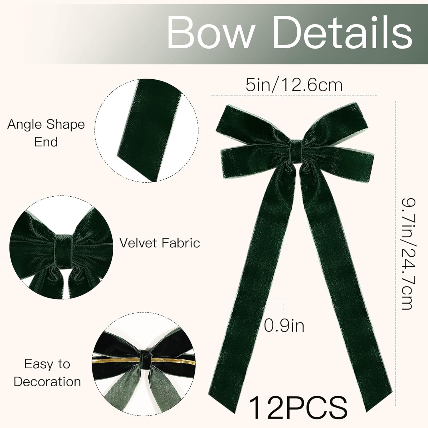 MUKOSEL Velvet Ribbon Bows - 12 Pcs Dark Green Christmas Tree Decorations | Holiday Ornaments & Wreaths