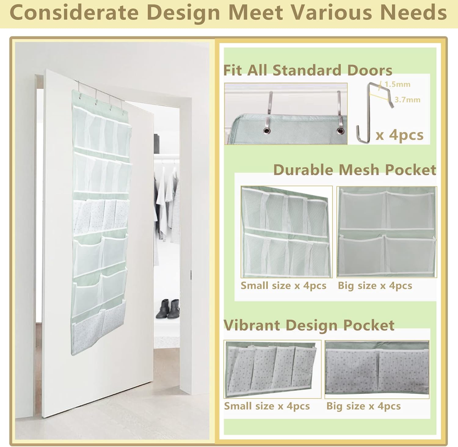 Skiennix 18-Pocket Over-The-Door Organizer - Versatile Storage for Shoes, Socks & Accessories | Green