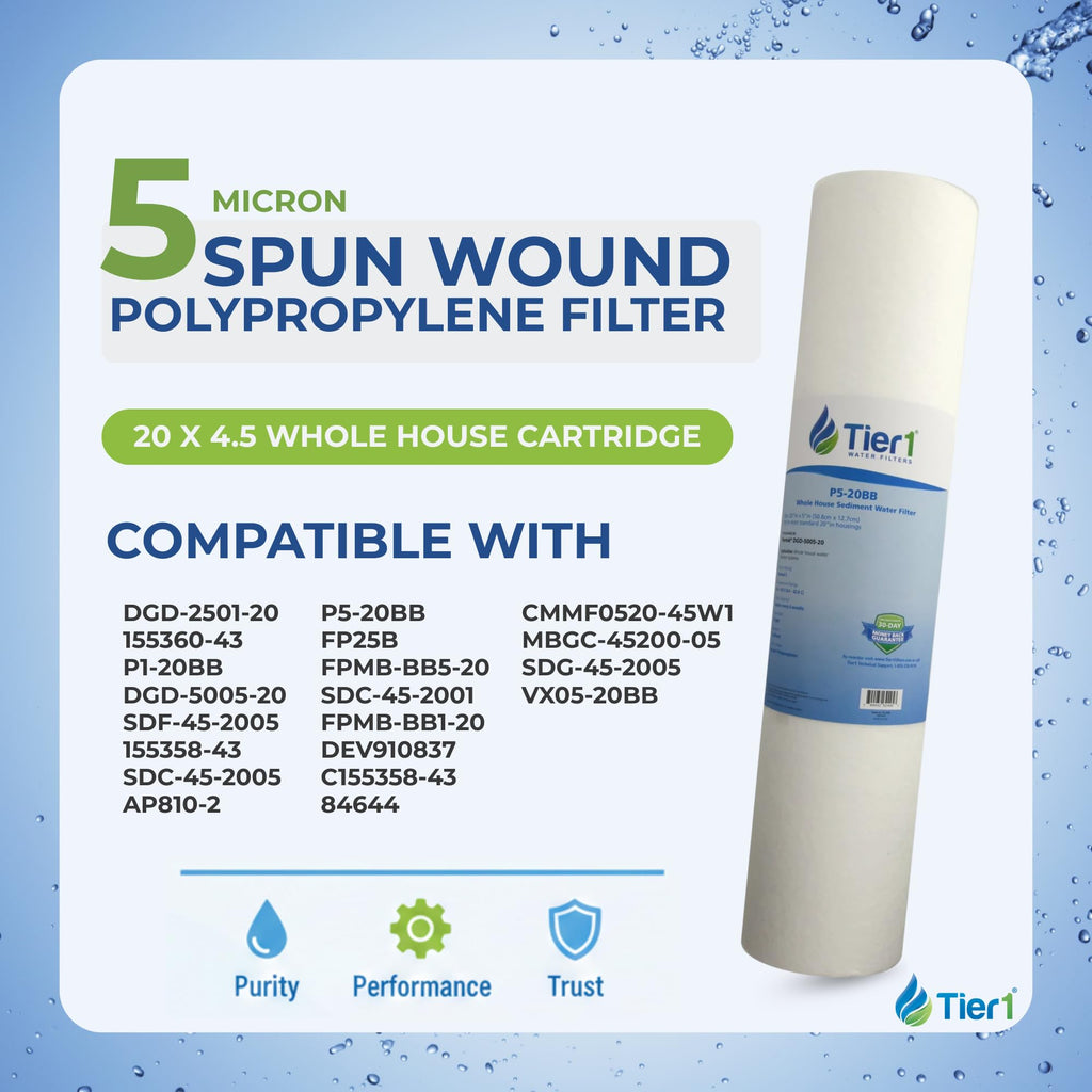 Tier1 5 Micron 20x4.5 Water Filter | Spun Wound Polypropylene Whole House Sediment Pre-Filter Cartridge | Replacement for Pentek DGD-5005-20, SDC-45-2005 | 4.5 x 20 Water Filter Cartridge (3-Pack)