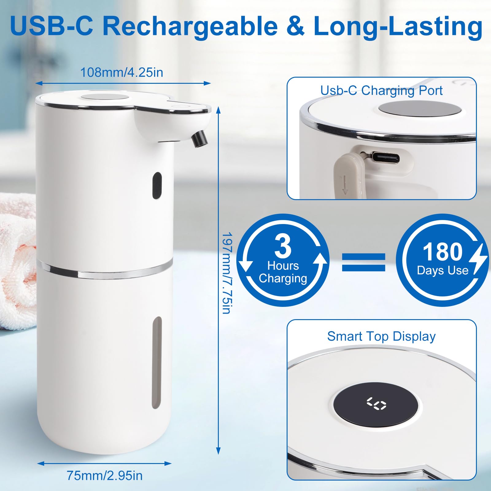 Automatic Soap Dispenser, Hand Soap Dispenser 12.8oz/380ml Smart Rechargeable, Liquid Touchless Soap Dispensers with 6-Level, Wall Mounted or Countertop Dish Soap Dispensing for Bathroom & Kitchen