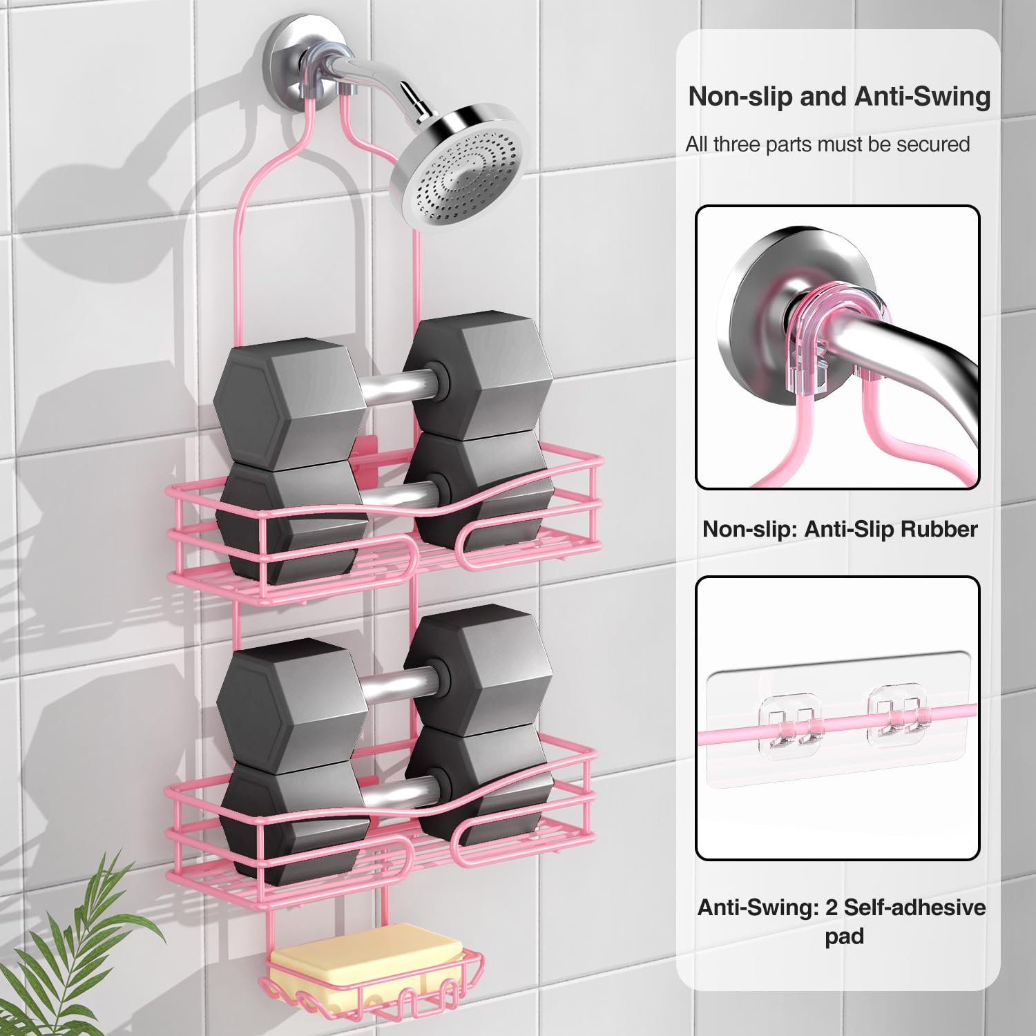 DAOYA Pink 3-Tier Over Head Shower Caddy with Soap Holder & 6 Hooks - Hanging Shower Caddy for Bathroom Organizer