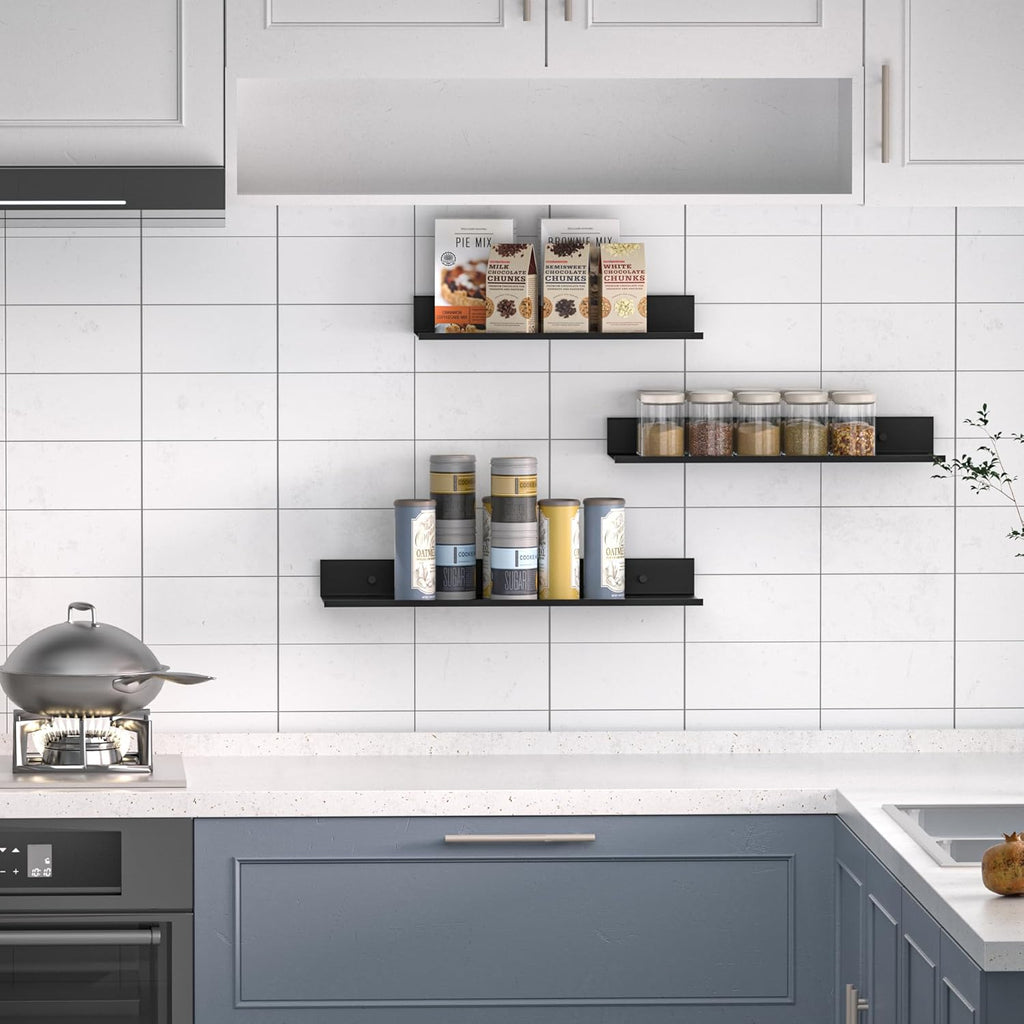 Wisfame Floating Wall Shelves - Set of 3 Black Metal Shelves for Bathroom, Living Room, Office | 11.8/13.8/15.7 in