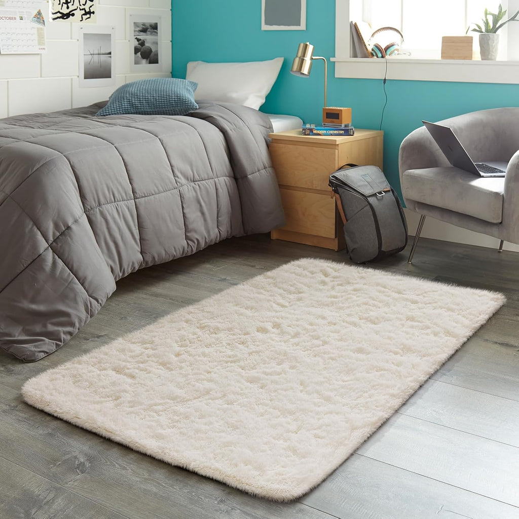 Ophanie 3x5 Non-Slip Area Rug - Preppy Ivory Carpet for Bedroom & Dorm Decor | Fluffy Nursery Essential