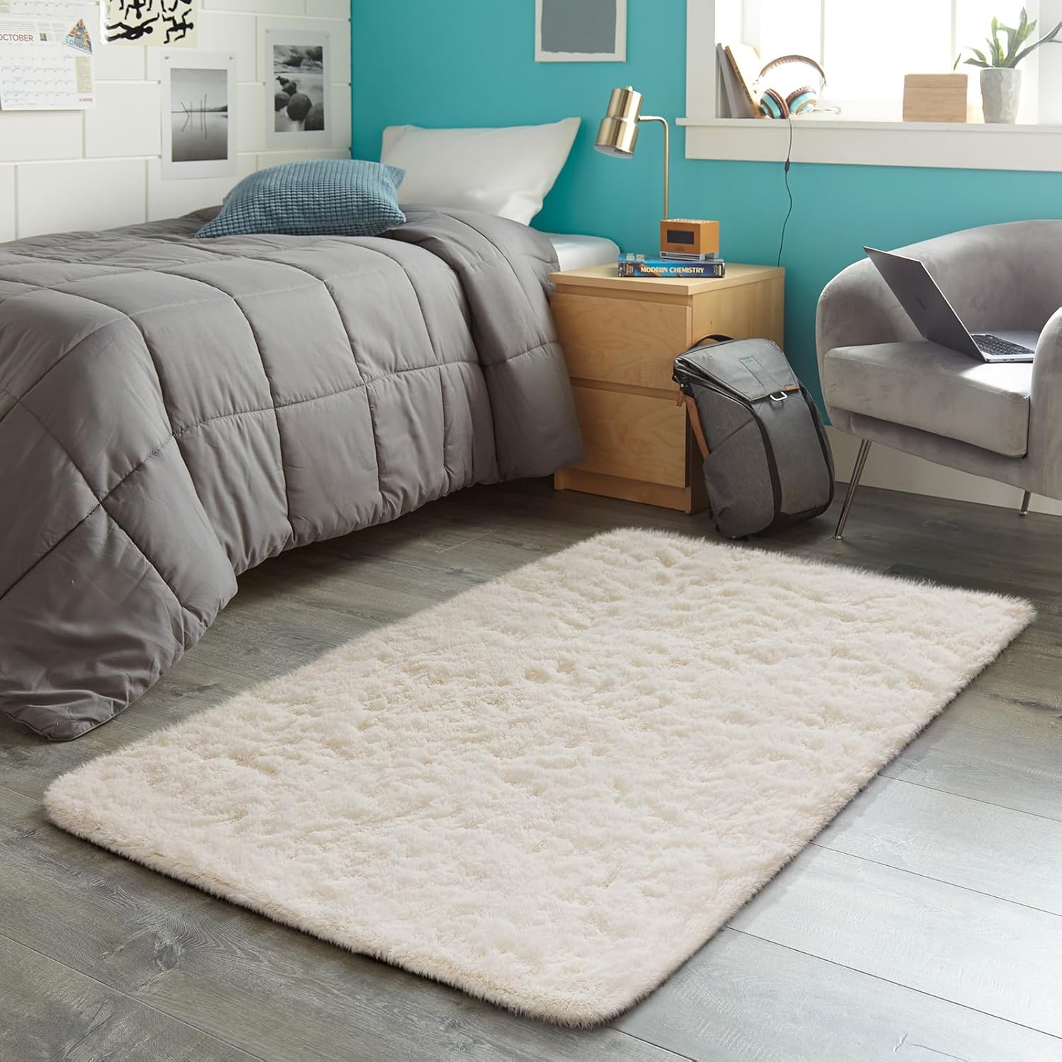 Ophanie 3x5 Non-Slip Area Rug - Preppy Ivory Carpet for Bedroom & Dorm Decor | Fluffy Nursery Essential