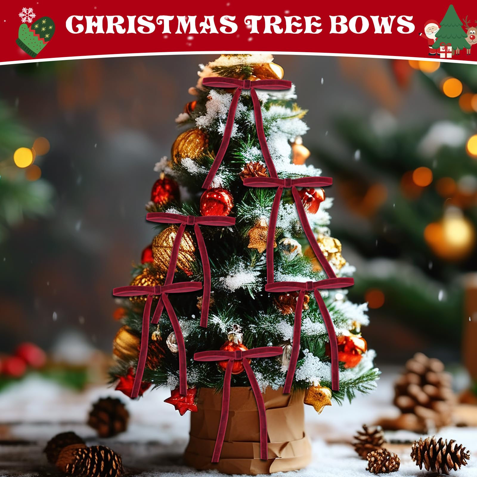 24 Pcs Red Velvet Christmas Ornaments, Rustic Velvet Bows for Christmas Tree, 5x7 Inch Pre-Tied Vintage Xmas Bows for Wreaths, Gifts and Holiday Home Décor, Ribbon Bows for Garland (3/8")