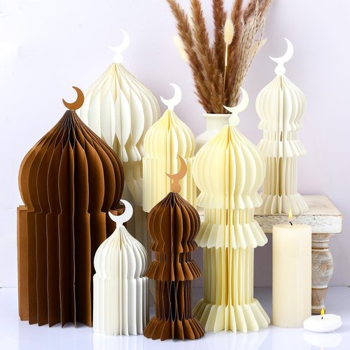 Watersay 7 Pcs Ramadan Table Decor 3D Masjid Honeycomb Centerpiece Eid Mubarak Party Decoration Kareem Islamic Eid Al Fitr Decor Ramadan Mubarak Table Topper Party Supplies(White, Gold, Browm)