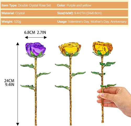 HDCRYSTALGIFTS Crystal Rose Flower Figurines - 9.5'' Purple & Yellow Glass with Green Leaves | Perfect Romantic Gifts for Her