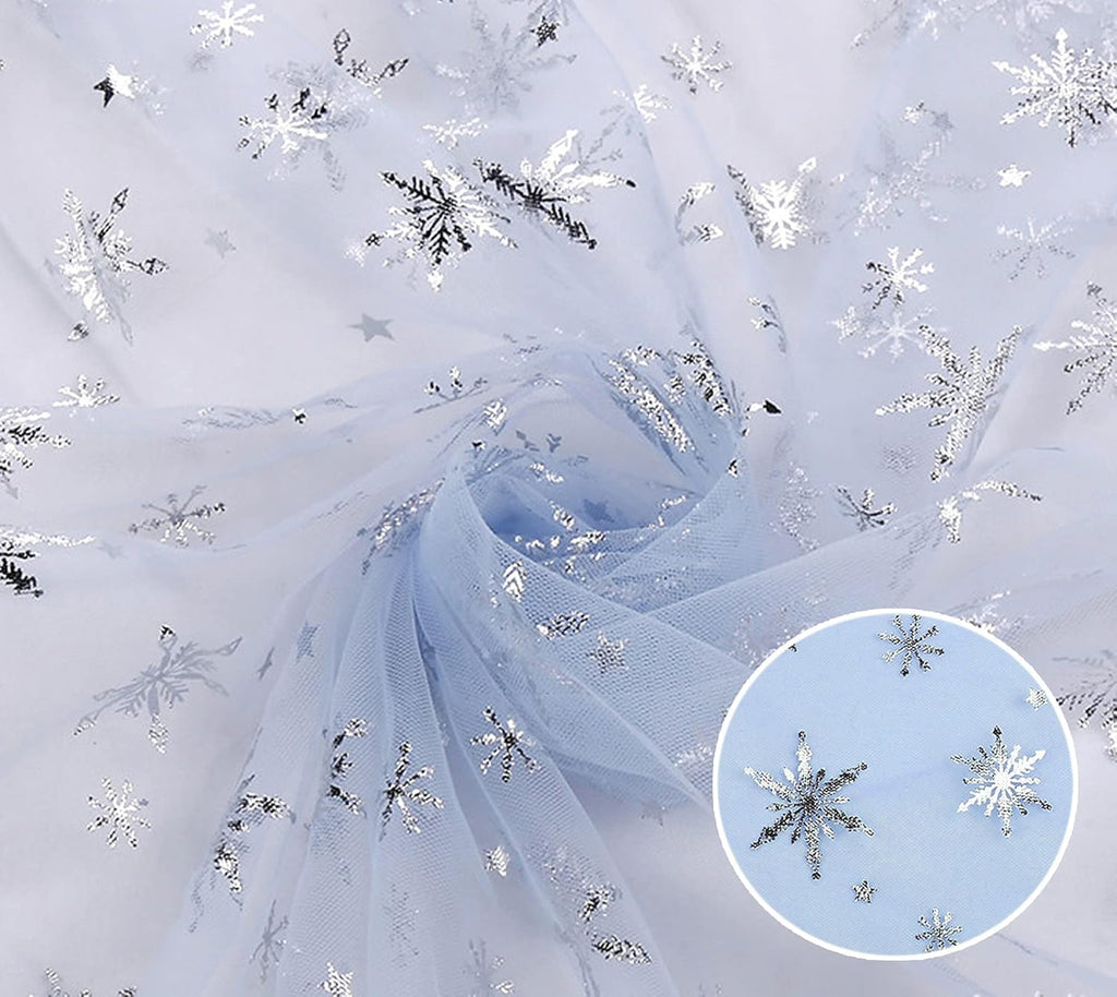 SUJAYU Snowflake Foil Organza Fabric - Sheer Tablecloth for Birthday & Christmas Decor (59" x 118", Blue)