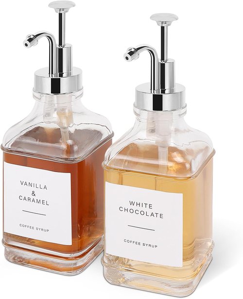 Coffee Syrup Dispenser Set by [Brand Name] - Clear Glass Bottles with Pump | 500ml, Chrome Finish for Coffee Bar