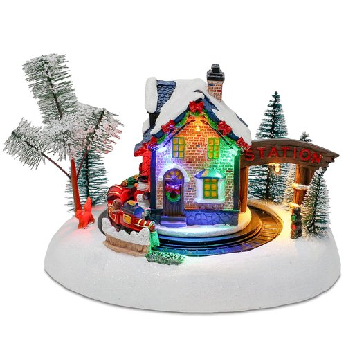 innodept12 Christmas Snow-Village Santas Wonderland House - Animated Rotating Train, Resin Holiday Decor with Music and LED Lights for Indoor Tabletop Display