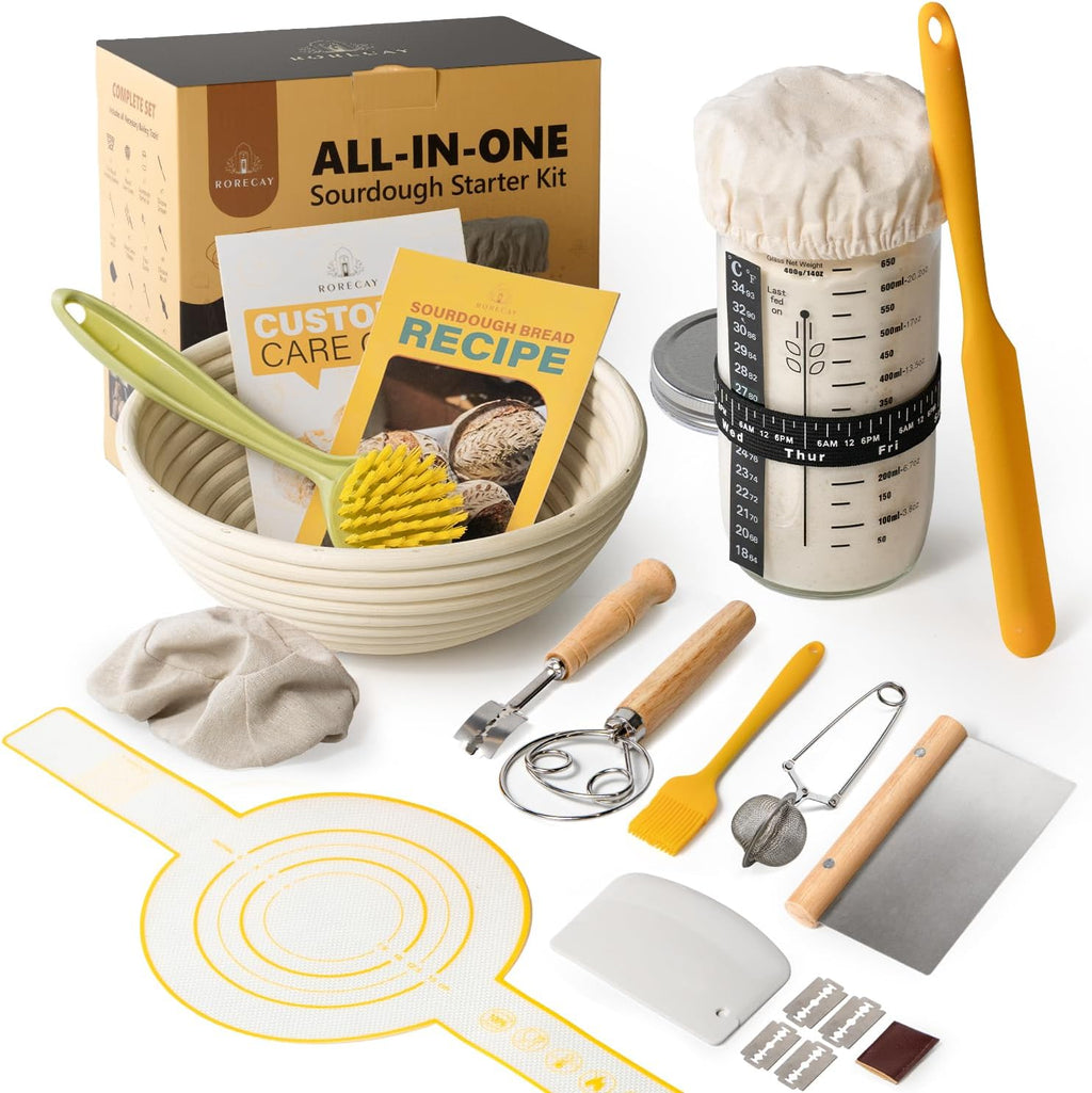 Skiennix Sourdough Starter Kit - Complete Baking Set with 24oz Starter Jar & 9'' Round Banneton Baskets