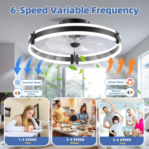 BAYSQUIRREL Ceiling Fans with Lights and Remote, Dimmable Bladeless Ceiling Light, 3 Colors 6 Speeds Reversible, Modern Low Profile Flush Mount Ceiling Fan for Bedroom