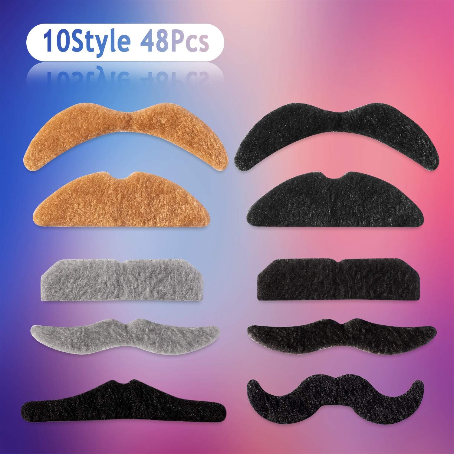 Whaline 48Pcs Self-Adhesive Fake Mustaches - Fun Costume Facial Hair for Halloween & Parties