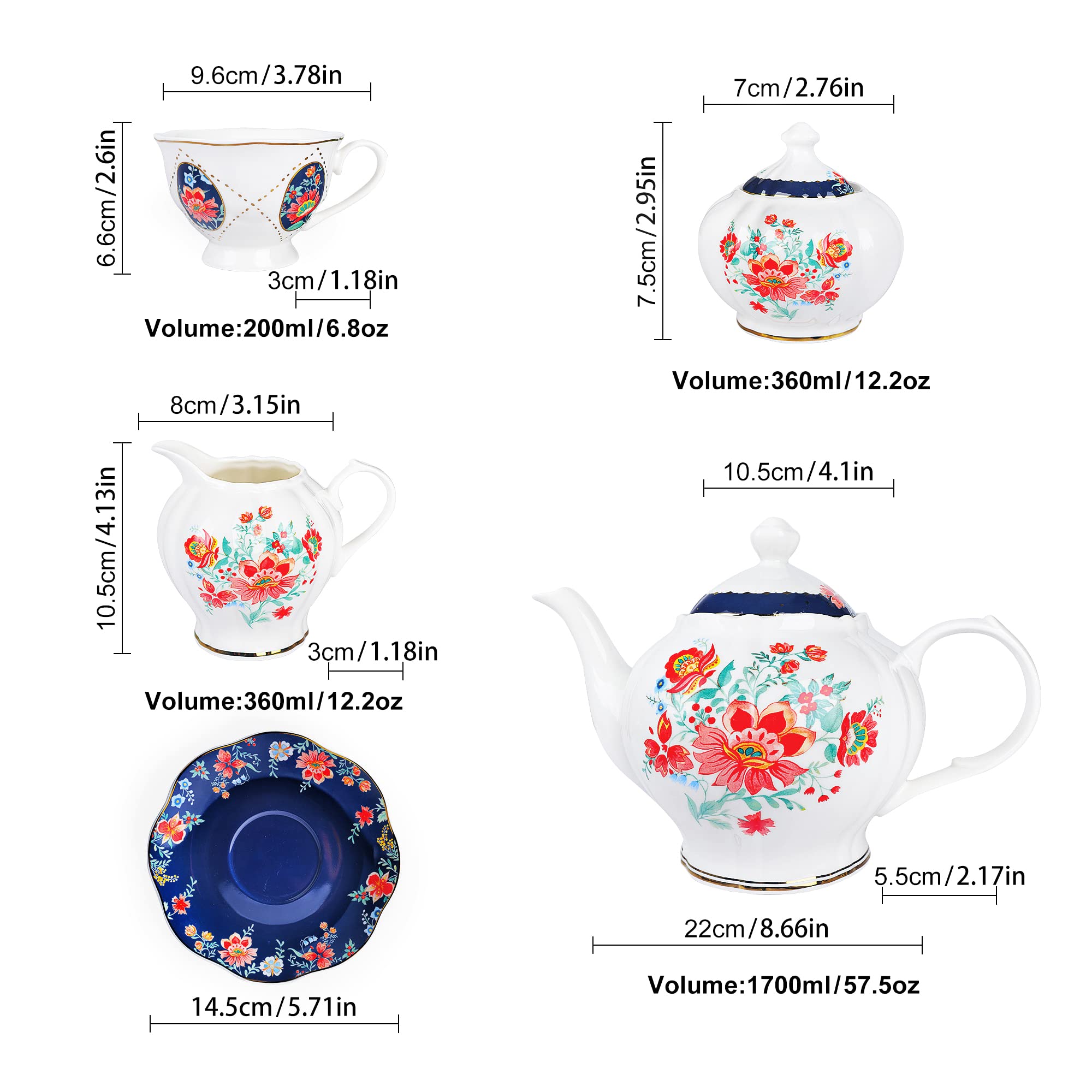 fanquare 21 Piece Old Victorian Porcelain Tea Set for 6, Royal British Floral Tea Cup Set for Women, Wedding Tea Party Set for Adults