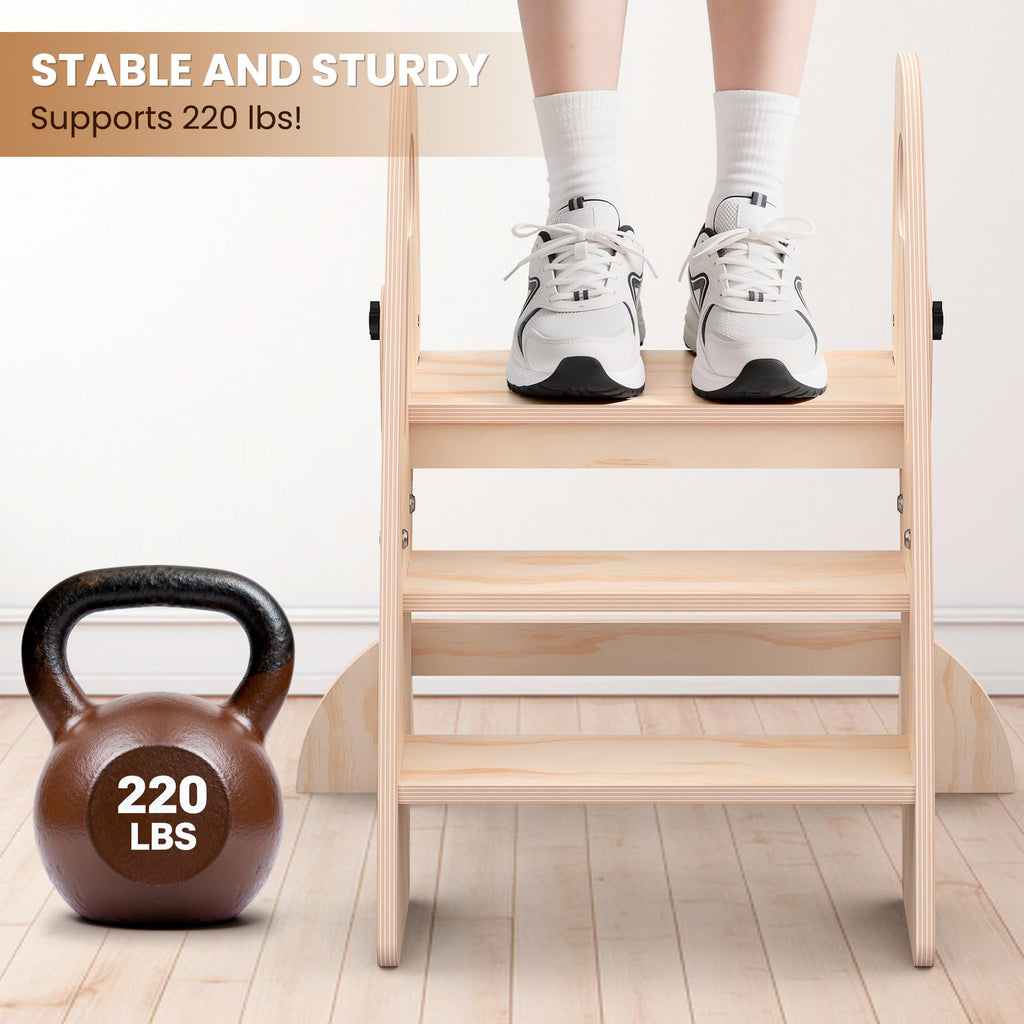 Toddler Step Stool, Wooden Foldable 3-Step Stool for Kids, Potty Training Stool with Handles and Non-Slip Strips for Bathroom Sink, Kitchen, Bedroom