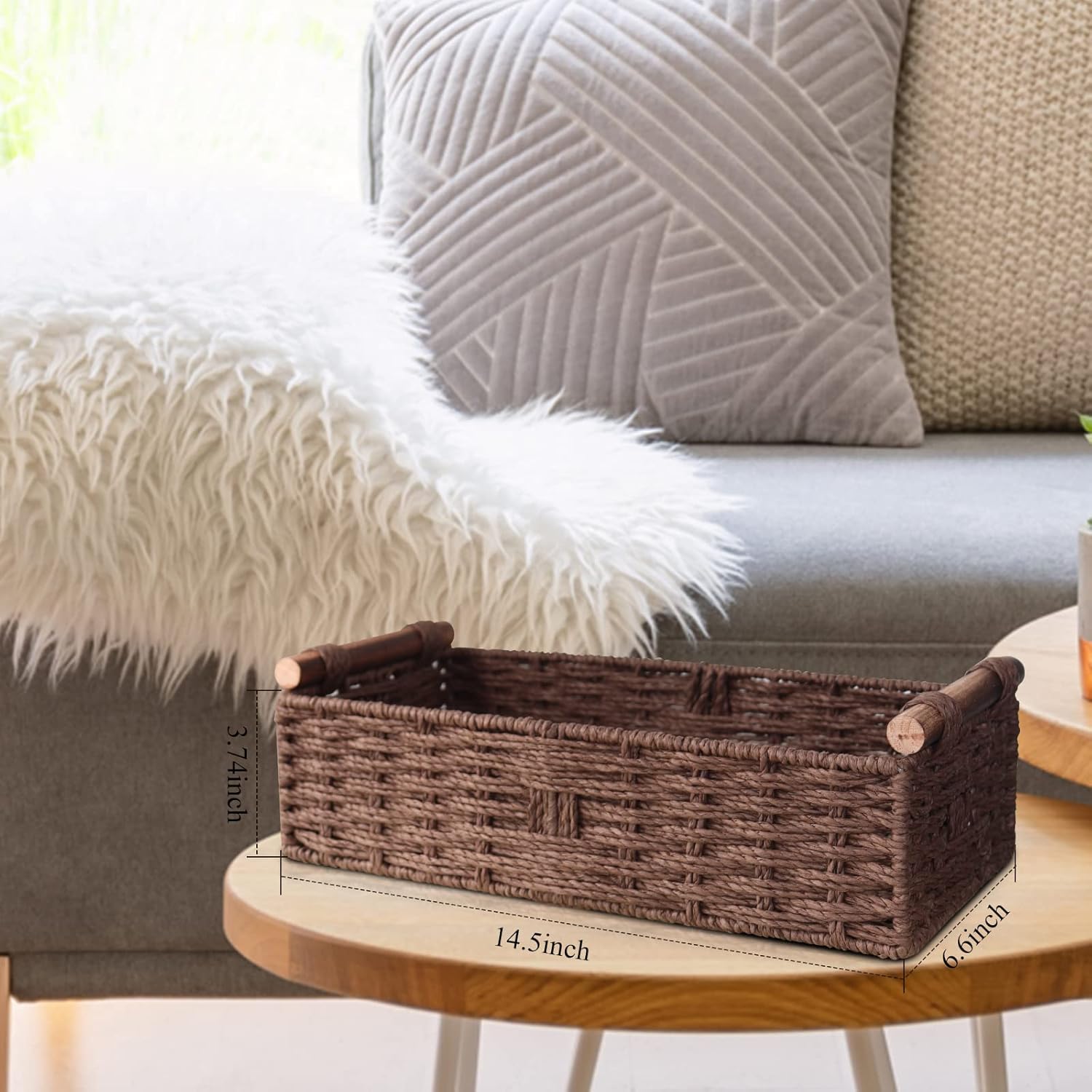 Round Paper Rope Storage Basket by [Brand Name] - Stylish Wicker Organizer with Handle | Brown Small Set for Countertop & Toilet Paper