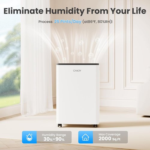 Candy Dehumidifier - 2000 Sq.Ft Portable 34 Pints with Smart Control & Continuous Mode | 0.66 Gal Tank for Home