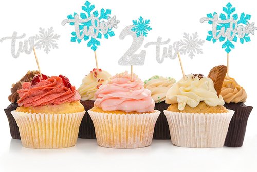 Ercadio Blue Snowflake Cupcake Toppers - 24 PCS Glitter Picks for Winter Onederland Theme Party