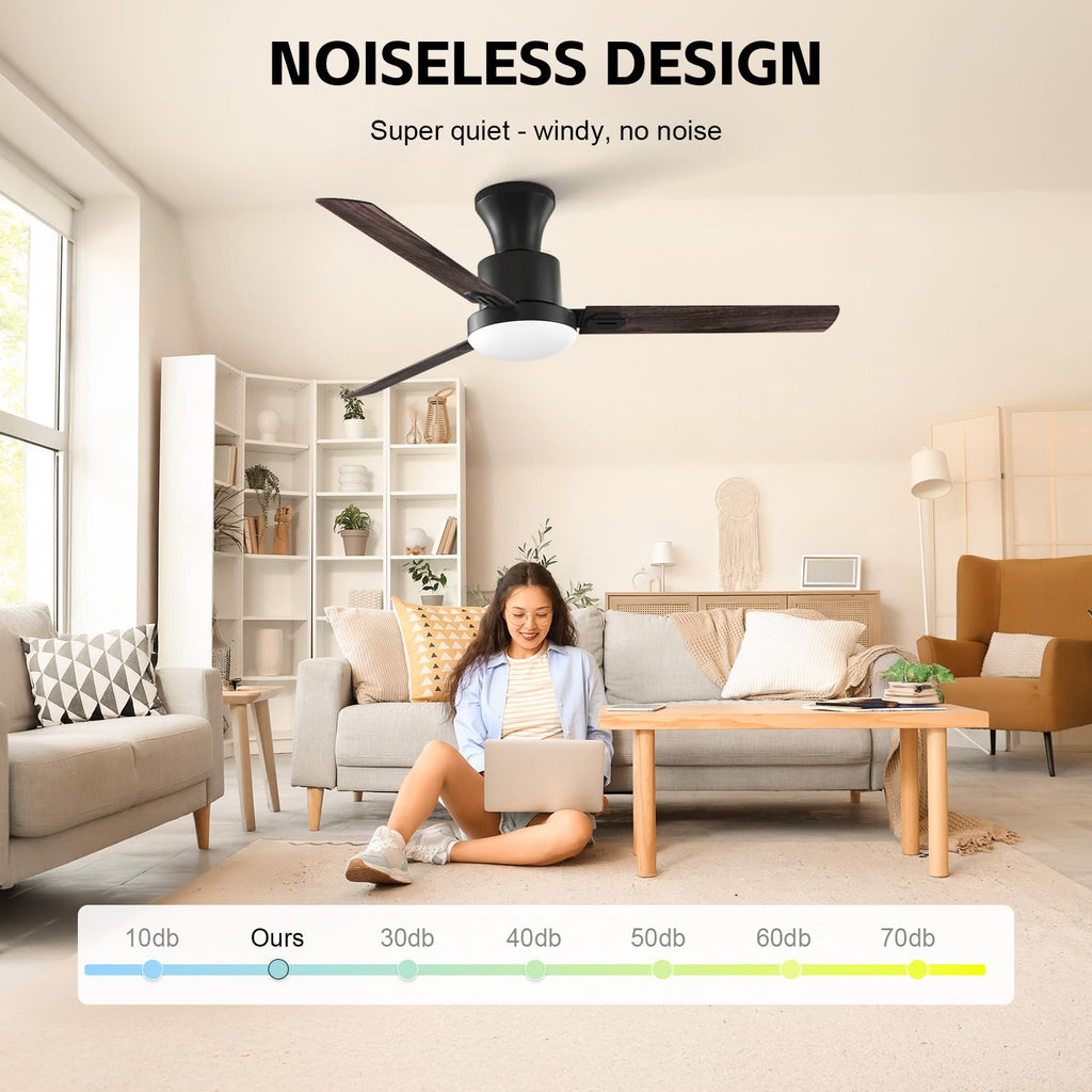 Obabala Ceiling Fans with Lights,Flush Mount Ceiling Fan with Light and Remote Control & APP Reversible Quiet Motor Dimmable Noiseless Ceiling Fan for Bedroom Indoor/Outdoor, 42in/Gray Maple Walnut